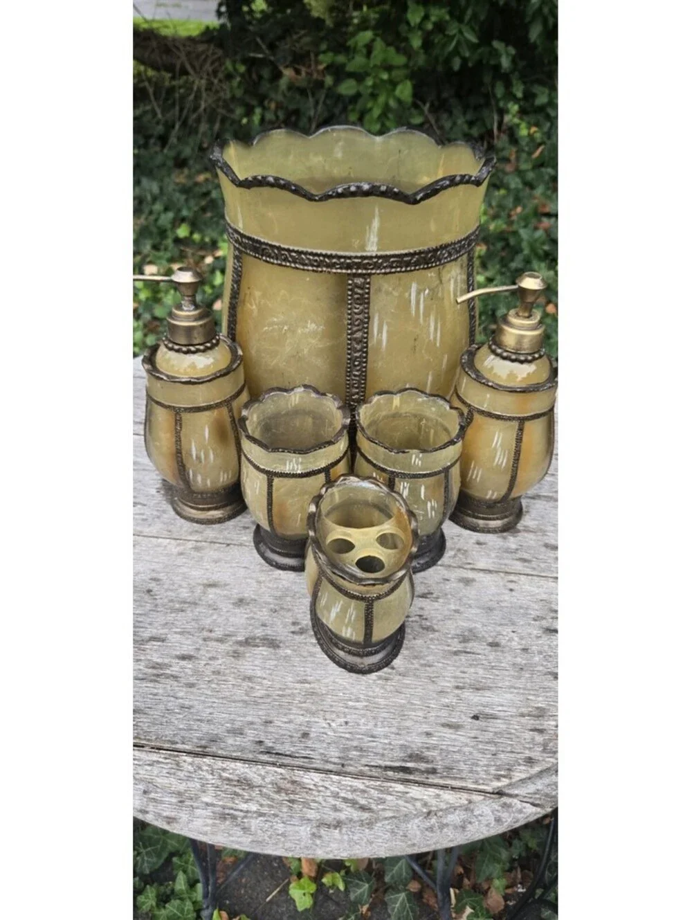 Greenish GOLD 6 Piece Bathroom Set Glass? Or Acrylic Metal Trim. Read